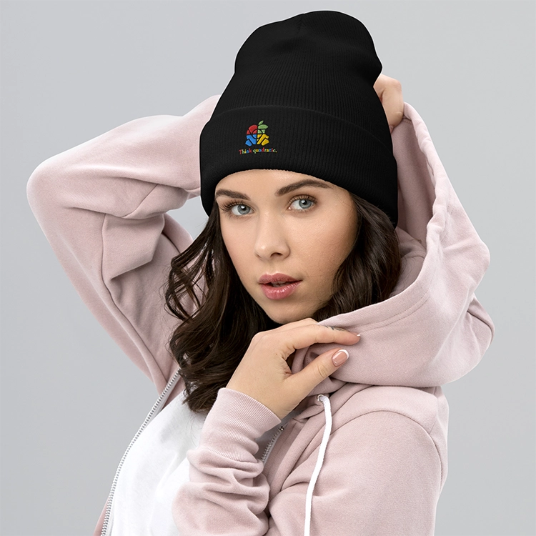 Think quadratic branded cuffed beanie from Printful