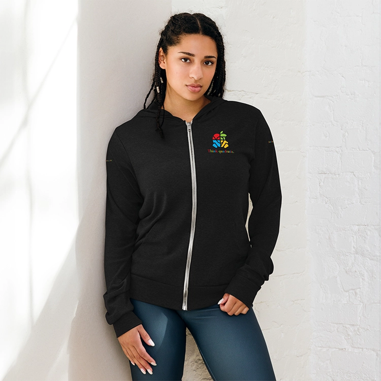 Think quadratic branded unisex zip hoodie